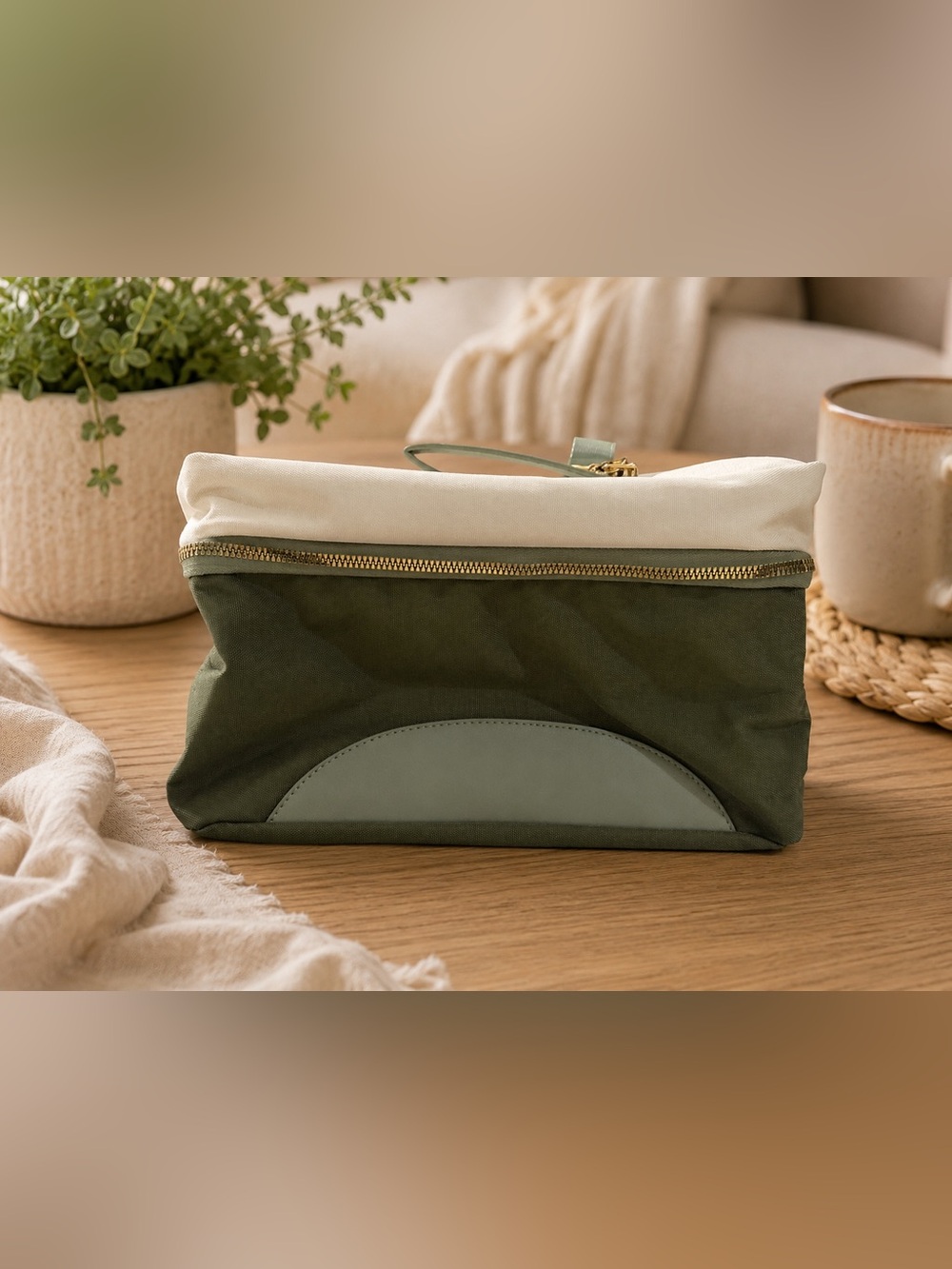 Two-Tone Olive and Cream Travel Pouch with Gold Zip